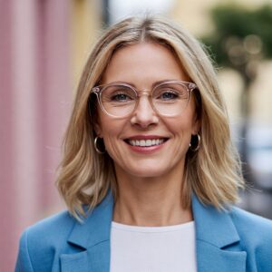 woman wearing a blush frame in a blue shirt