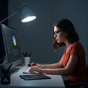 Professional woman wearing blue light blocking glasses in Boerne office