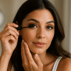 Woman applying eye makeup carefully in front of a mirror – makeup safety and eye health awareness