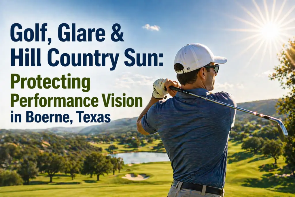 Golfer in a blue shirt and white cap swings on a bright golf course with a bold headline about protecting performance vision in Boerne, Texas.