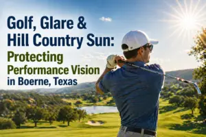 Golfer in a blue shirt and white cap swings on a bright golf course with a bold headline about protecting performance vision in Boerne, Texas.