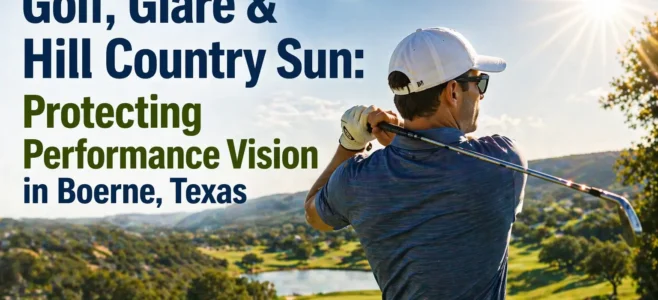 Golfer in a blue shirt and white cap swings on a bright golf course with a bold headline about protecting performance vision in Boerne, Texas.