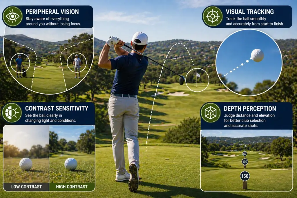 Informational infographic about golf vision skills: peripheral vision, visual tracking, contrast sensitivity, and depth perception.