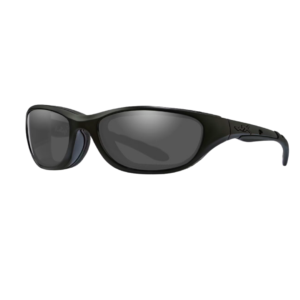 Black wraparound sport sunglasses with dark gray lenses and a sleek, streamlined frame