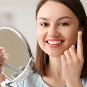 Smiling woman looks into a round makeup mirror while applying makeup with her finger near her cheek.