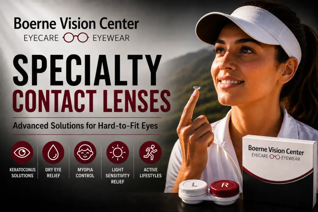 Boerne Vision Center ad showing a smiling woman holding a contact lens on her fingertip with a branded box on the right.