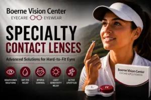 Specialty Contact Lenses in Boerne and Leon Springs TX Boerne Vision Center Boerne Vision Center Boerne Vision Center ad showing a smiling woman holding a contact lens on her fingertip with a branded box on the right.
