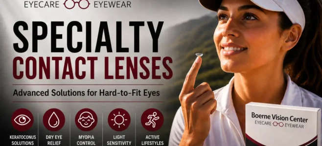 Boerne Vision Center ad showing a smiling woman holding a contact lens on her fingertip with a branded box on the right.