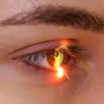 Close-up of a human eye with an amber iris reflecting bright light and visible lashes and skin texture.
