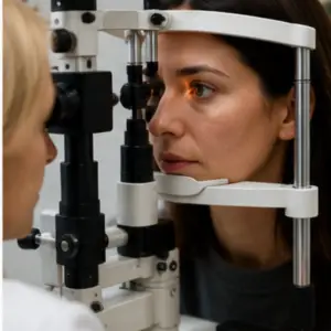 Woman undergoing an eye exam, looking into a slit lamp microscope in a clinical setting.