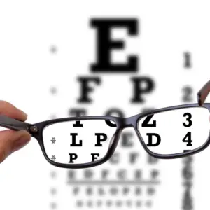 Eyeglasses held in front of a blurred Snellen eye chart, suggesting a vision test or eye exam.