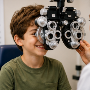 Asian boy covering one eye during a vision screening with an eye chart in the background.