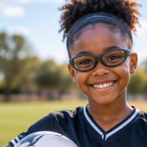 Black girl wearing protective sports eyewear while playing soccer outdoors.