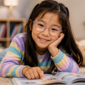 Asian girl wearing glasses while reading a book at home.