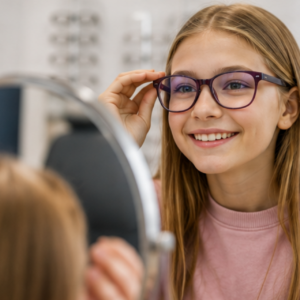 Young girl trying on prescription eyeglasses during a children's eyewear fitting.