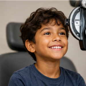 Young boy receiving a comprehensive eye exam with a phoropter and vision chart.