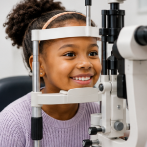Black girl receiving a comprehensive eye examination with a slit lamp and eye care professional.