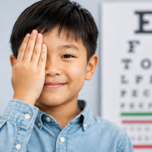 Chart Asian boy covering one eye during a vision screening with an eye chart in the background.