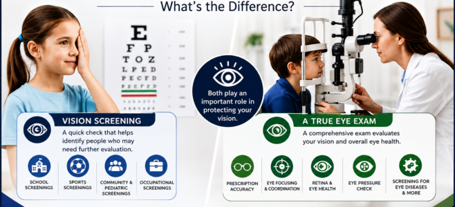 **Alt tag:** `Vision screening vs. comprehensive eye exam for children, showing a basic eye chart screening and a complete pediatric eye examination at Boerne Vision Center.`